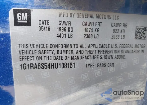 2017 Chevrolet Volt Lt из США, поврежденный, VIN 1G1RA6S54HU108151